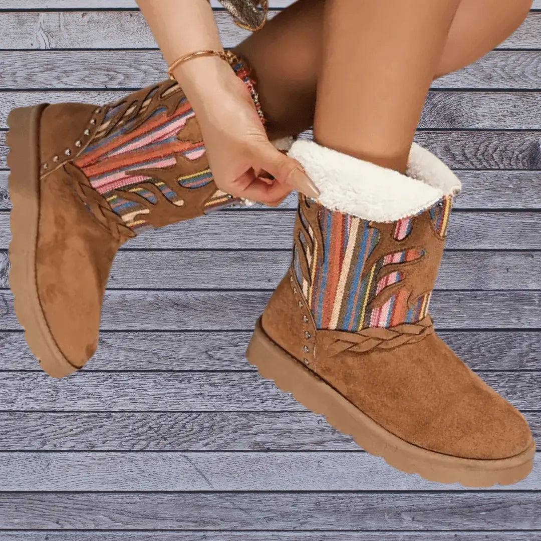 Dame Faux Fur-Fôrede Snøstøvler i Midtkalv-Lengde – Western Cowboy Stil, Slip-On, Tykk Såle, Perfekte for Vinter Motelys