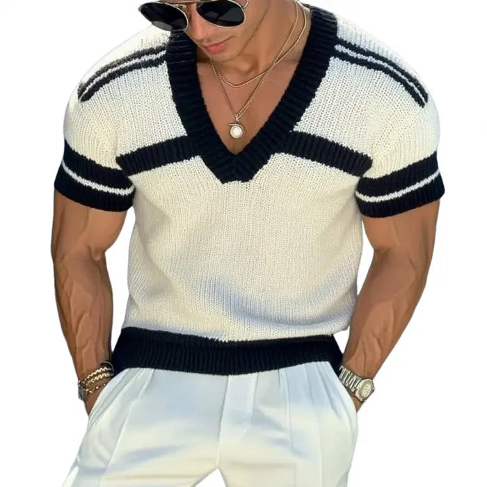 EliteKnits - Herre Strikkegenser med Striper og V-hals, Slim Fit Motelys
