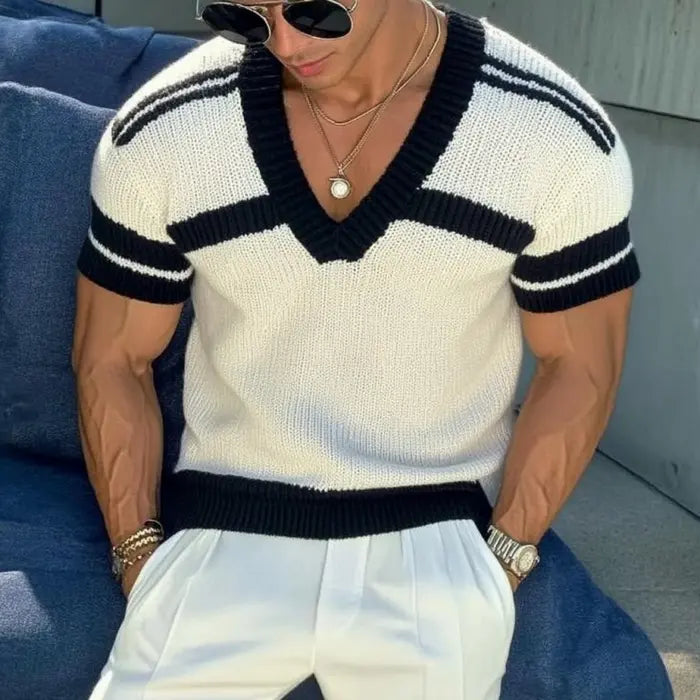 EliteKnits - Herre Strikkegenser med Striper og V-hals, Slim Fit Motelys