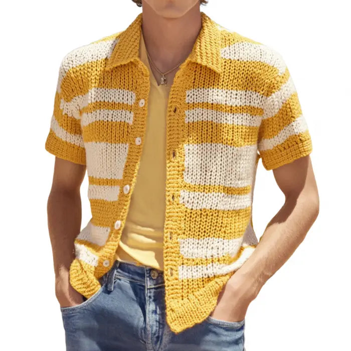 UrbanKnit - Herre Kortermet Strikket Cardigan med Striper Motelys