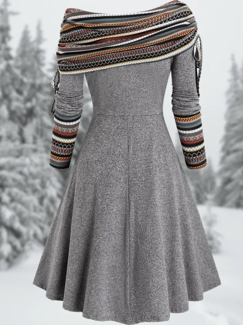 Off-Shoulder Kjole for Kvinner med Etniske Striper - Elegant A-linje Design med Justerbare Snøreermer Motelys