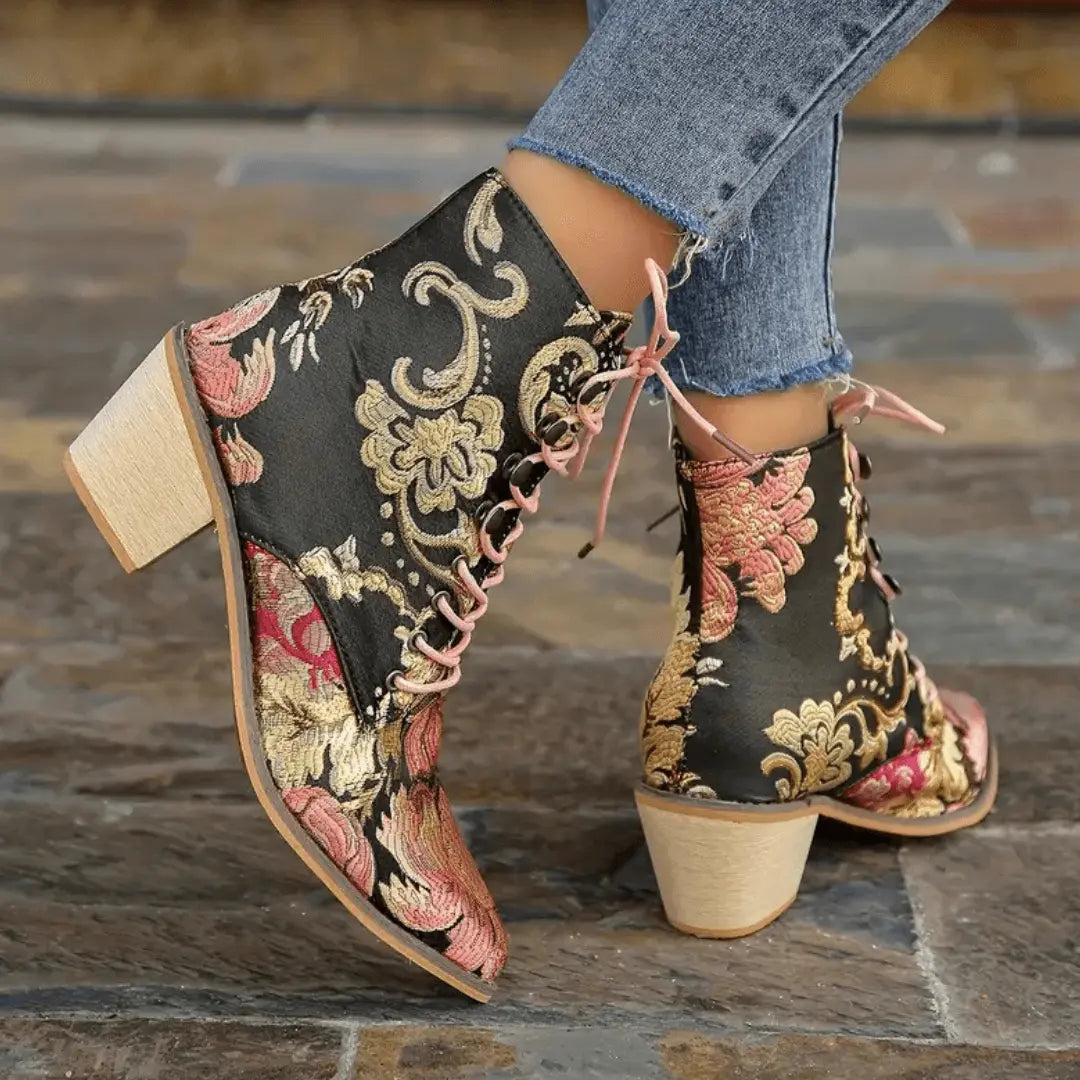 Vintage Blomstermønstrede Støvletter til Dame - Chunky Hæl Western Cowboy-Stil med Spiss Tå Motelys