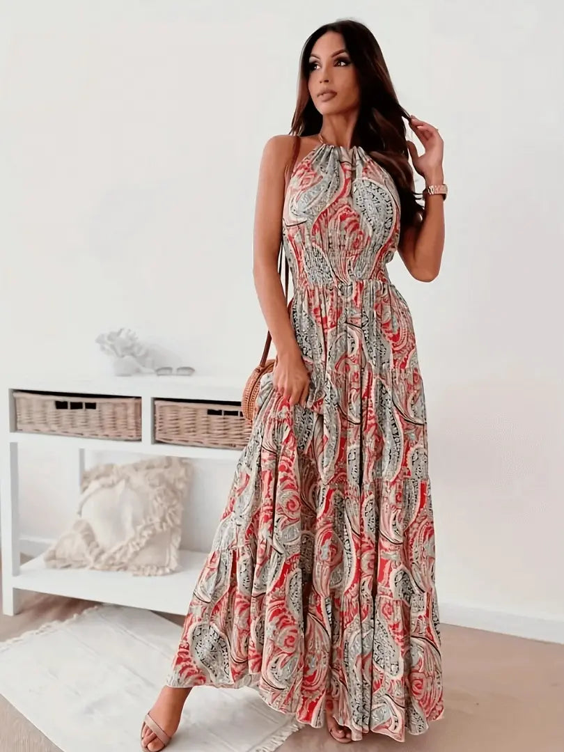 BohoChic - Trendy Halterkjole med Boho-Trykk for Kvinner Motelys