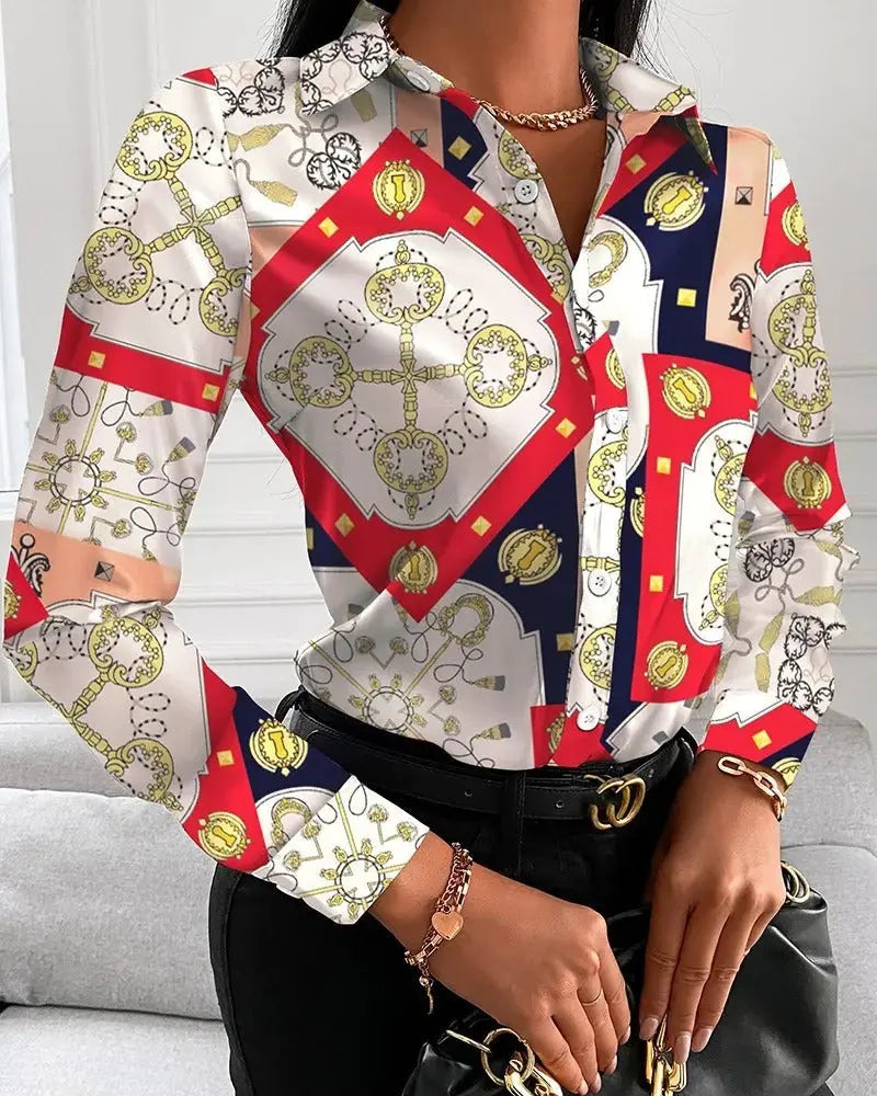 TrendyVibe - Stilig Bluse med Retrotrykk for En Uformell Look Motelys