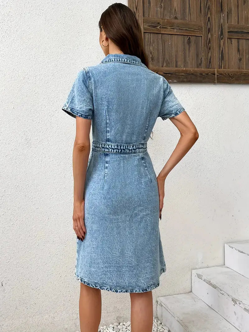 TrendyThreads - Stilig Kortermet Denimkjole for Hverdagsbruk Motelys