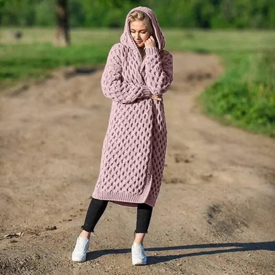 ComfortWear - Kvinners Lang Strikket Hettejakke Motelys