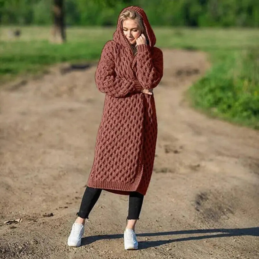 ComfortWear - Kvinners Lang Strikket Hettejakke Motelys