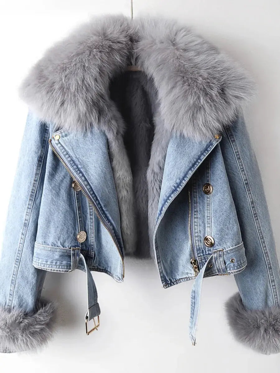 ChicLayer - Stilfull Denimjakke med Pelskrage for En Trendy Look Motelys