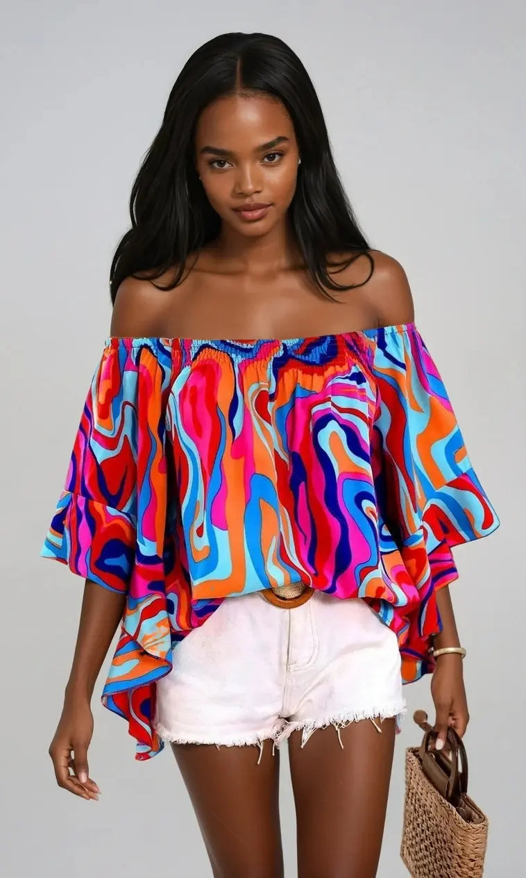 ChicVibe - Bluse med Trykk Uten Skuldre for En Uanstrengt Stil Motelys