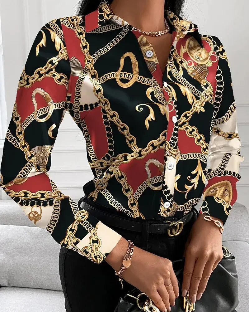 TrendyVibe - Stilig Bluse med Retrotrykk for En Uformell Look Motelys