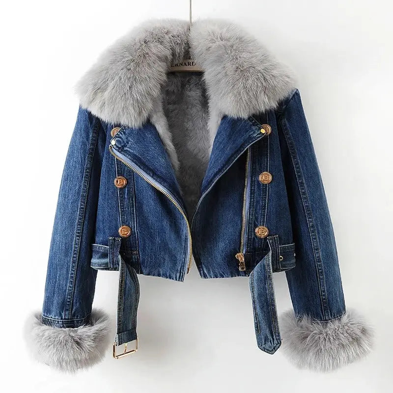 ChicLayer - Stilfull Denimjakke med Pelskrage for En Trendy Look Motelys