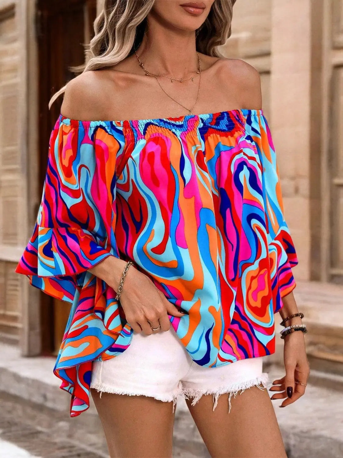 ChicVibe - Bluse med Trykk Uten Skuldre for En Uanstrengt Stil Motelys