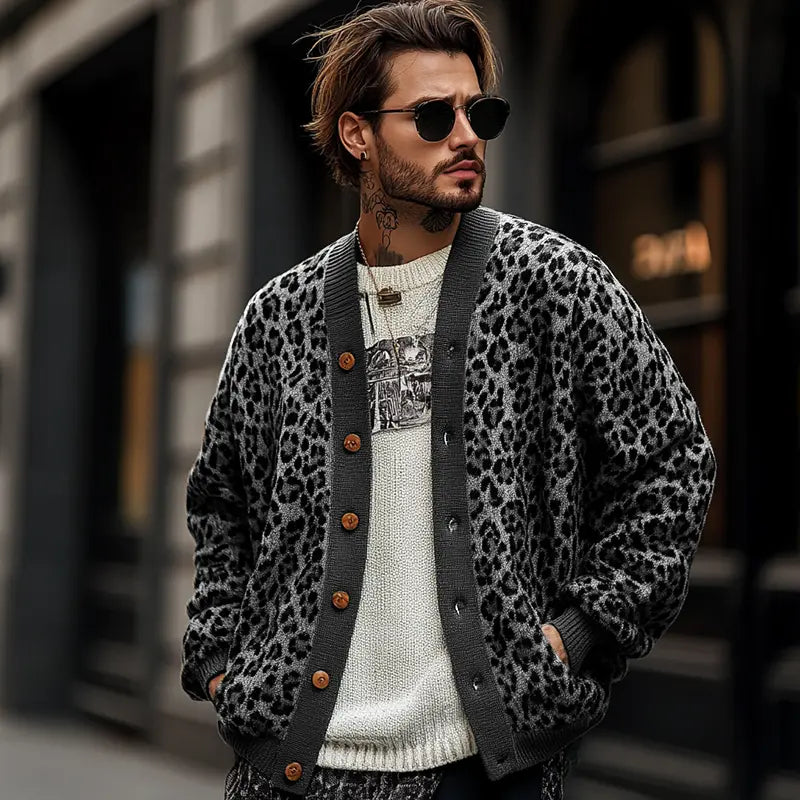 TrendSavvy - Cardigan i Leopardfarget Blokk for Menn i Frisk Stil Motelys