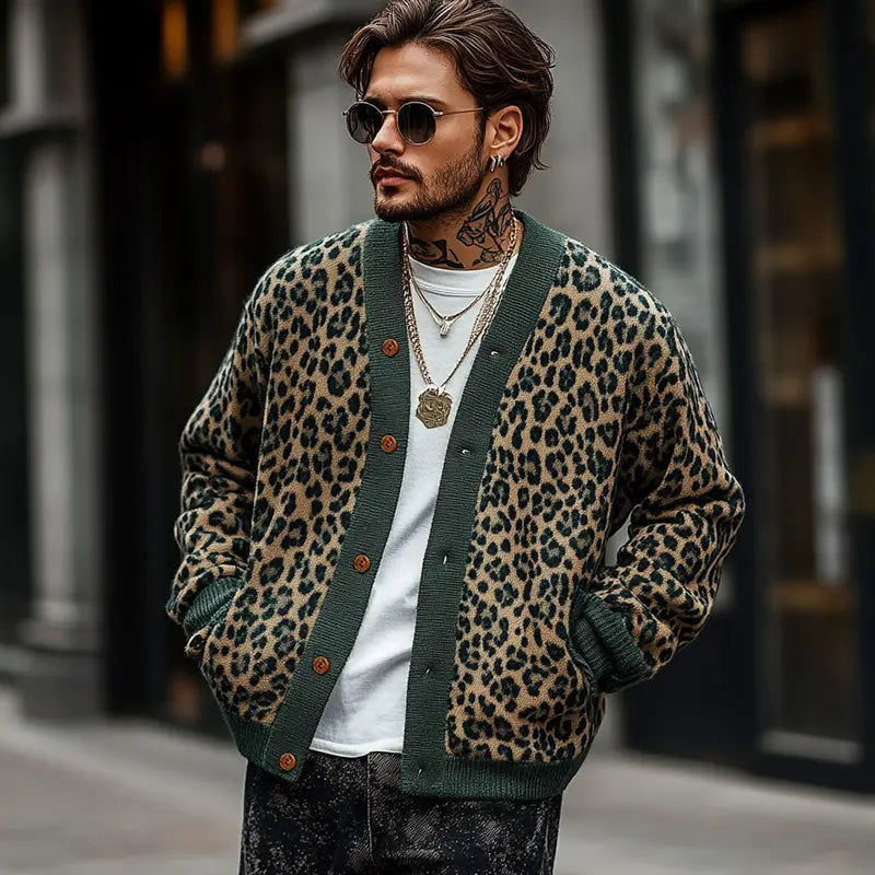 TrendSavvy - Cardigan i Leopardfarget Blokk for Menn i Frisk Stil Motelys