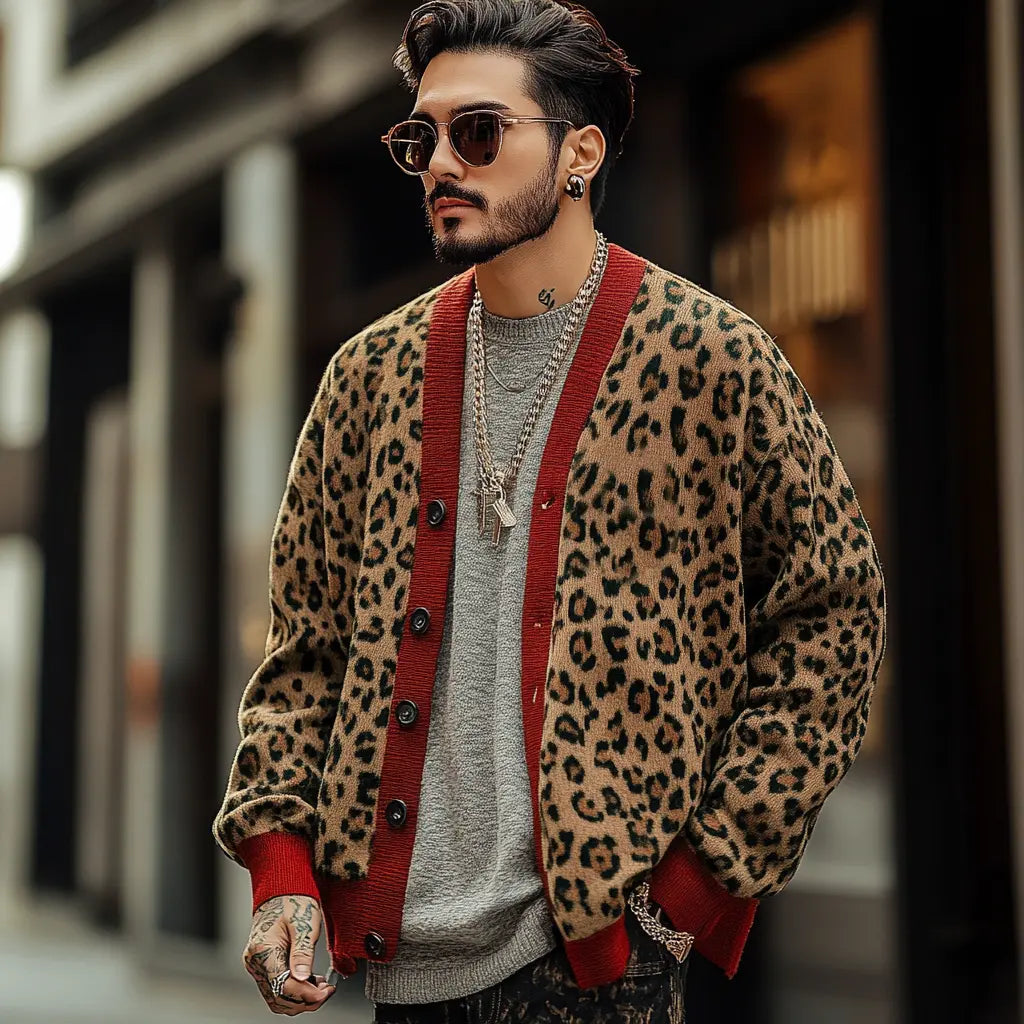 TrendSavvy - Cardigan i Leopardfarget Blokk for Menn i Frisk Stil Motelys