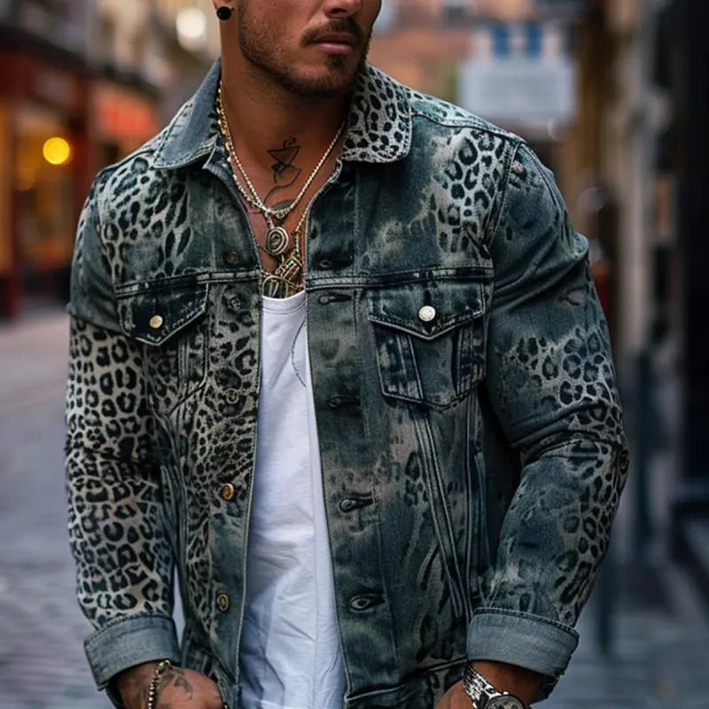 WildEdge - Leopard Ombre-trykt denimjakke for menn Motelys