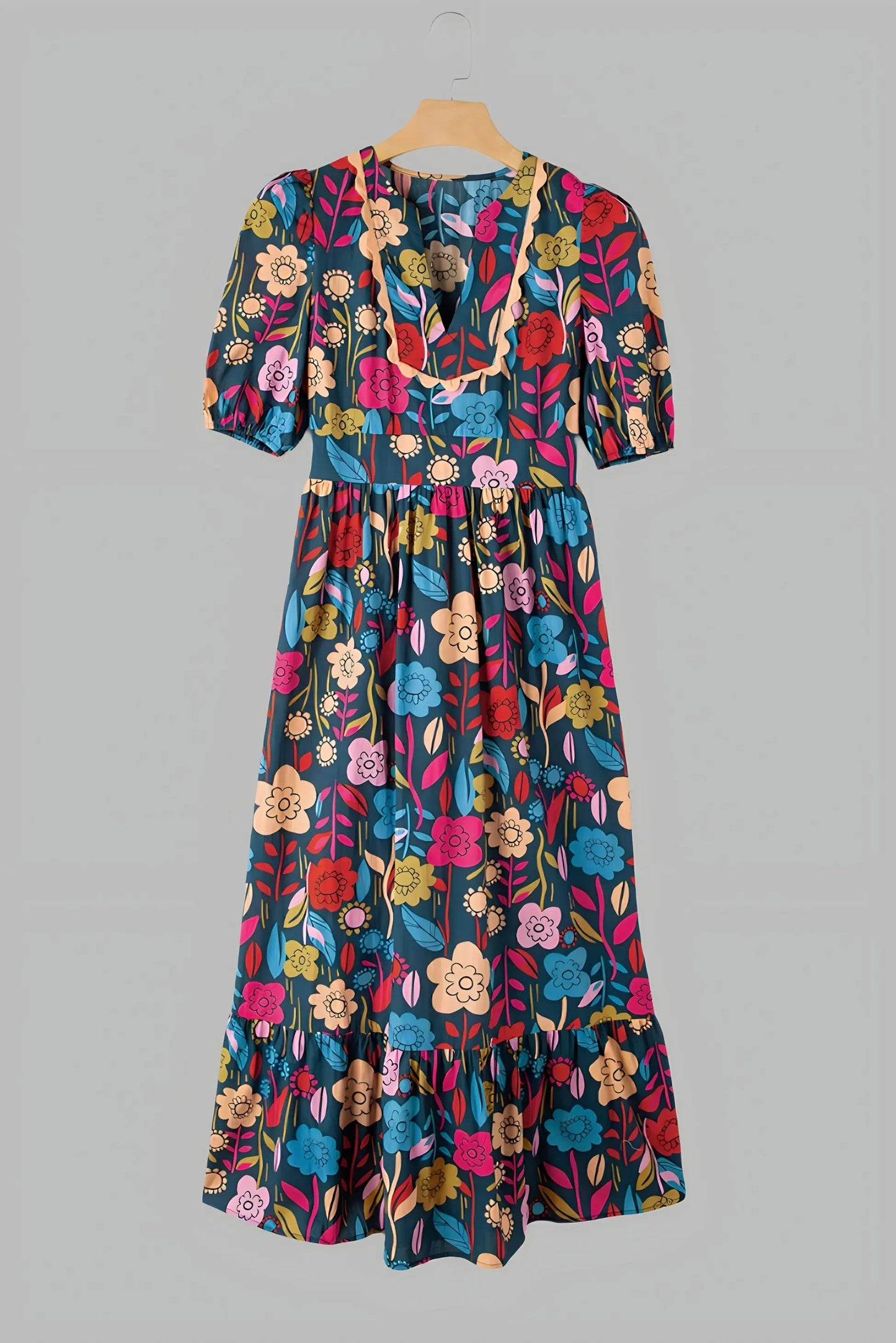 Boho Bloom Midikjole med Puffermer – Fargerik & Bohemsk Motelys