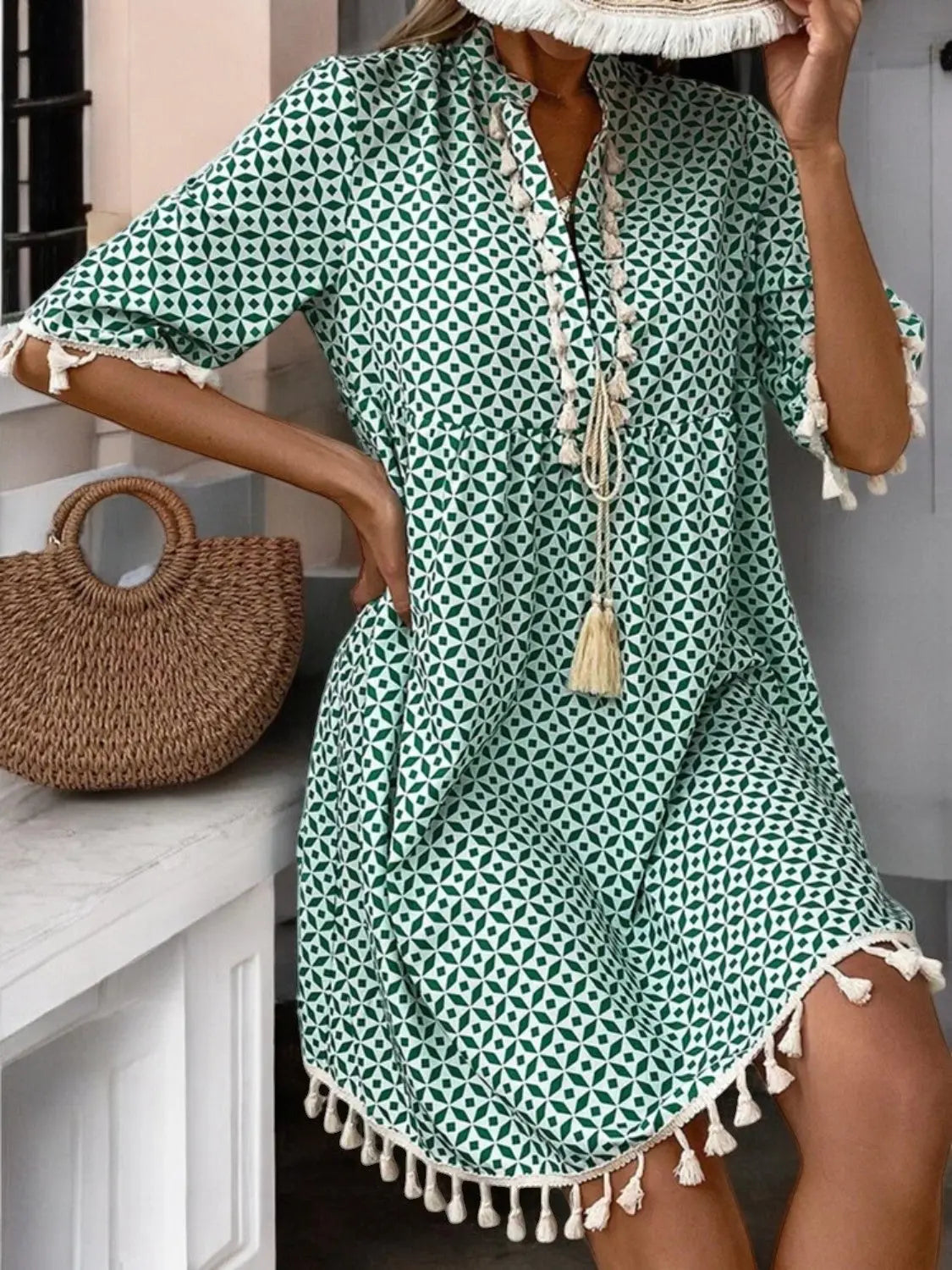 Boho Sjarm Geometrisk Frynse Minikjole - Uanstrengt Eleganse Motelys