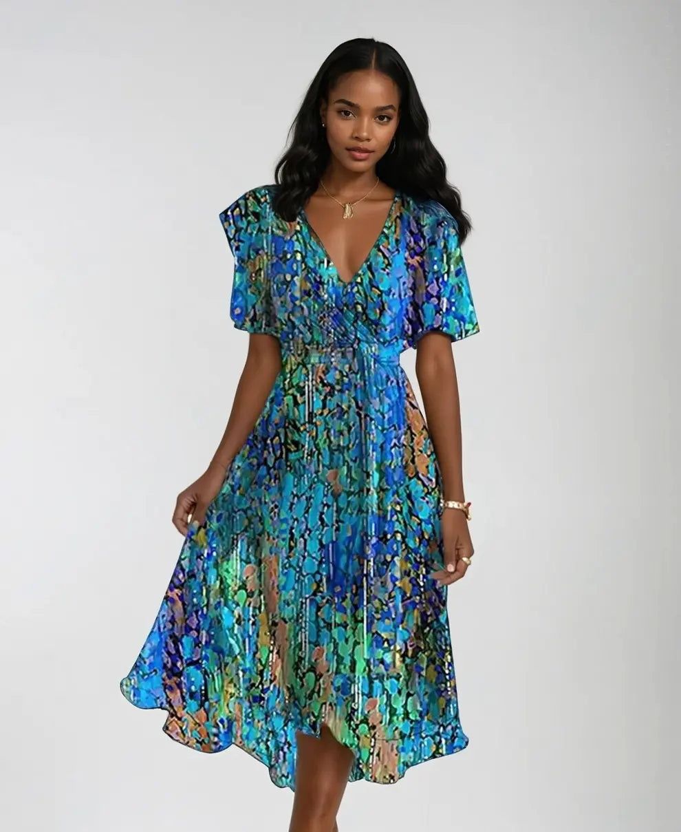 AzureGlow - Bohemsk Blå Midikjole Motelys