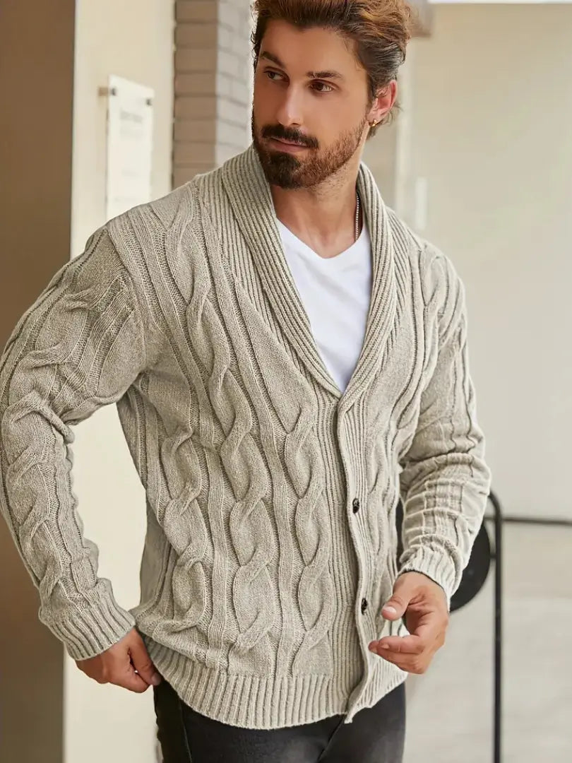 Herre Kabelstrikket Cardigan - Stilfull Langermet Design med Knapper Motelys