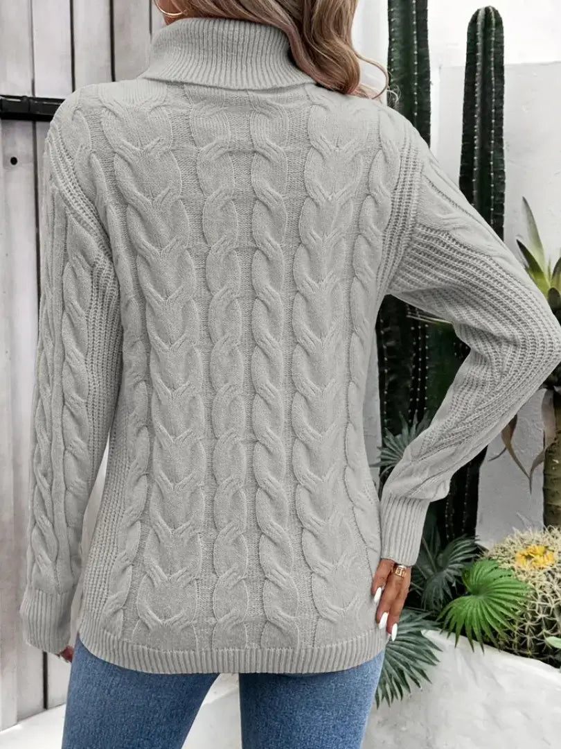 Dame Flettestrikket Høyhalset Genser - Elegant Langermet Pullover Motelys