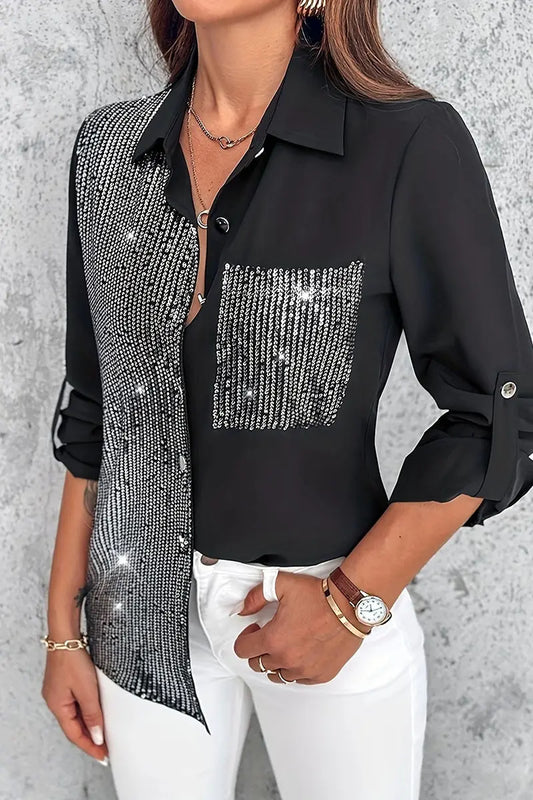 GlimmerFashion - Trendy Kontrastbluse med Paljettlommer for Stilig Look Motelys