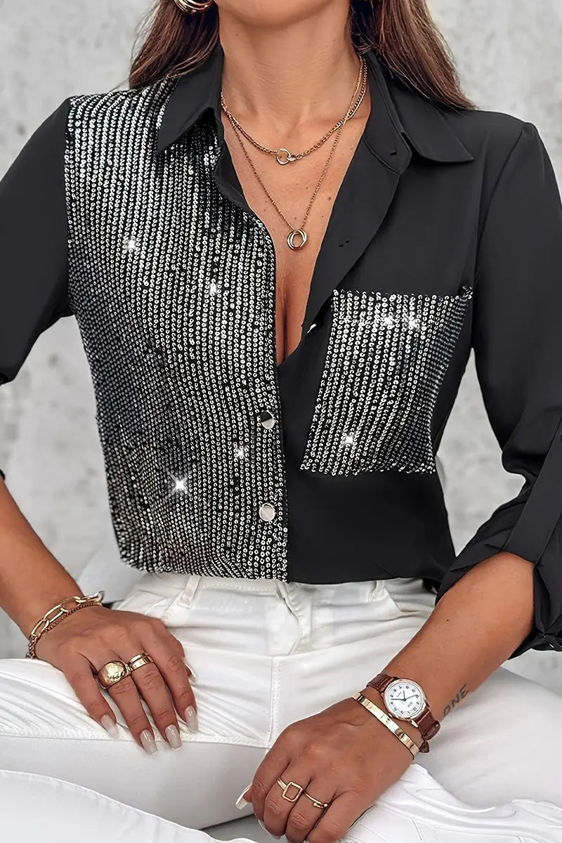 GlimmerFashion - Trendy Kontrastbluse med Paljettlommer for Stilig Look Motelys