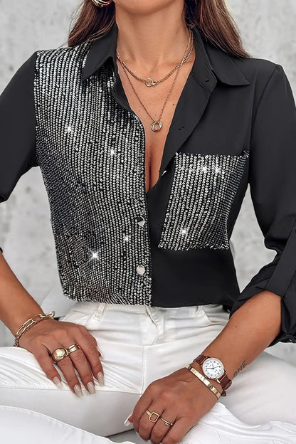 GlimmerFashion - Trendy Kontrastbluse med Paljettlommer for Stilig Look Motelys