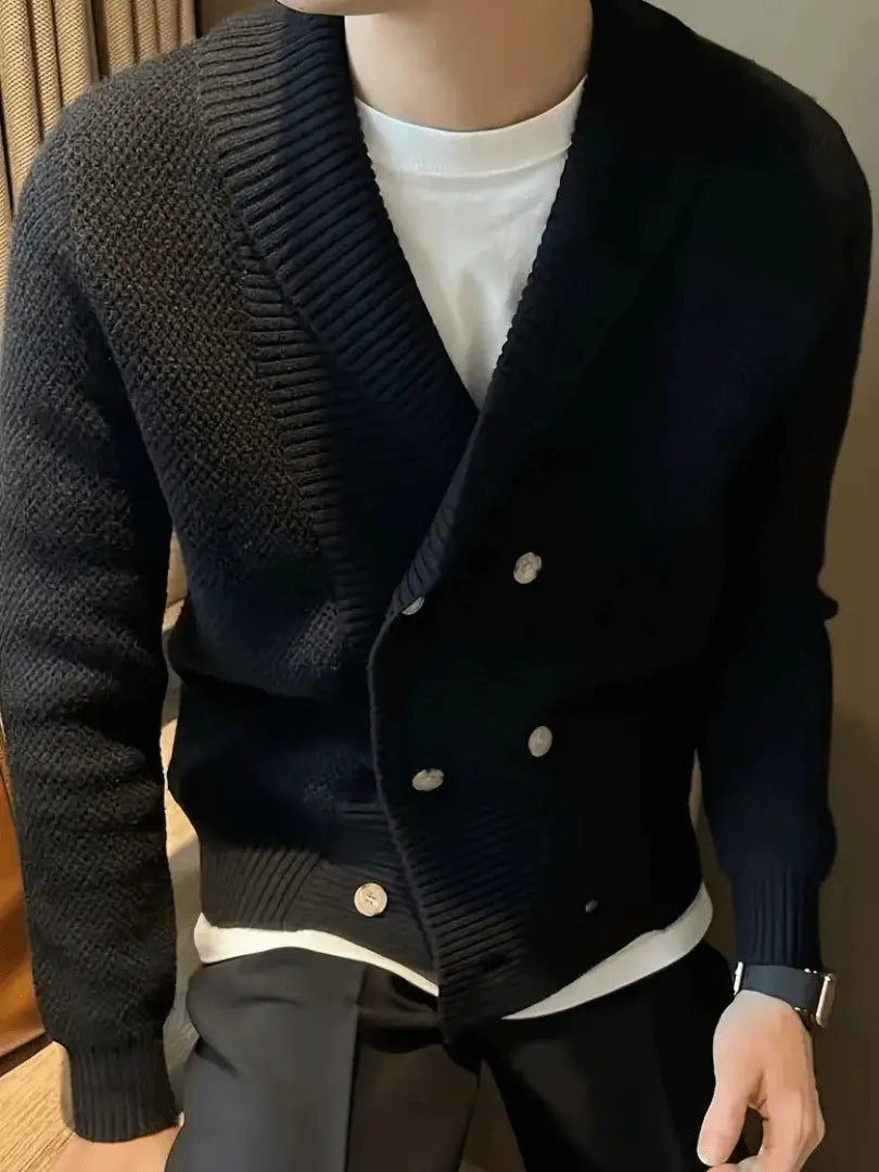 Dobbelkneppet strikket cardigan for menn – Elegant genser med sjalskrage til vinteren Motelys