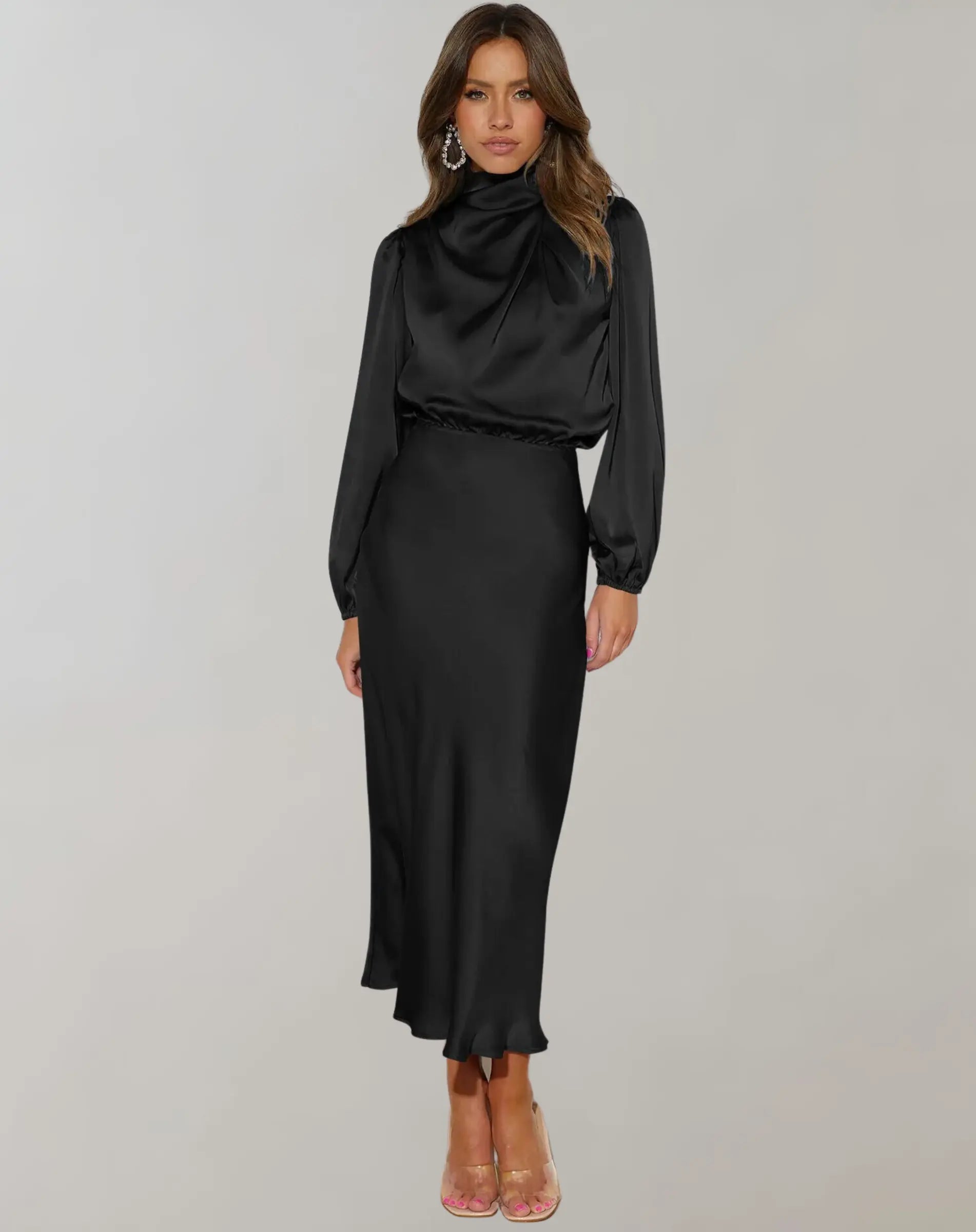 GlamStyle - Elegant Satengkjole med Lange Ermer for Spesielle Anledninger Motelys