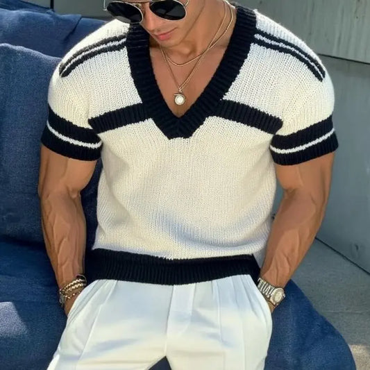 EliteKnits - Herre Strikkegenser med Striper og V-hals, Slim Fit Motelys