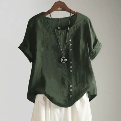 LinenTrend - T-Skjorte i Lin med Elegante Knapperedetaljer for Stiltips Motelys