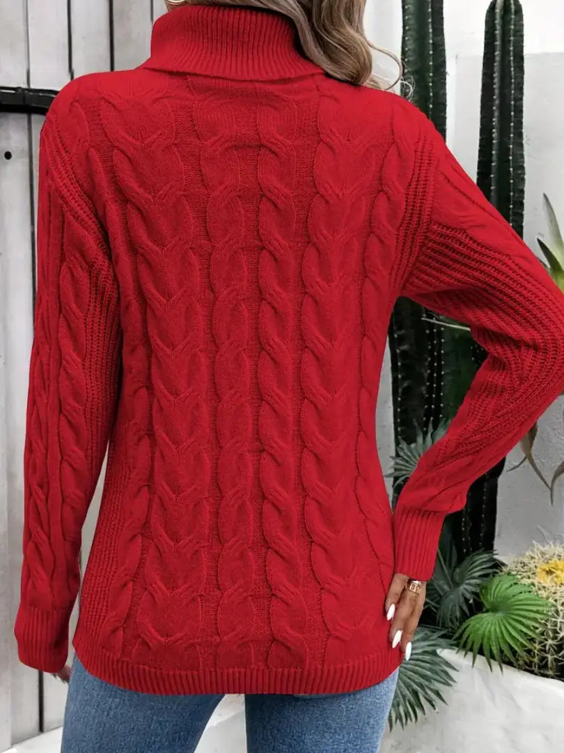 Dame Flettestrikket Høyhalset Genser - Elegant Langermet Pullover Motelys