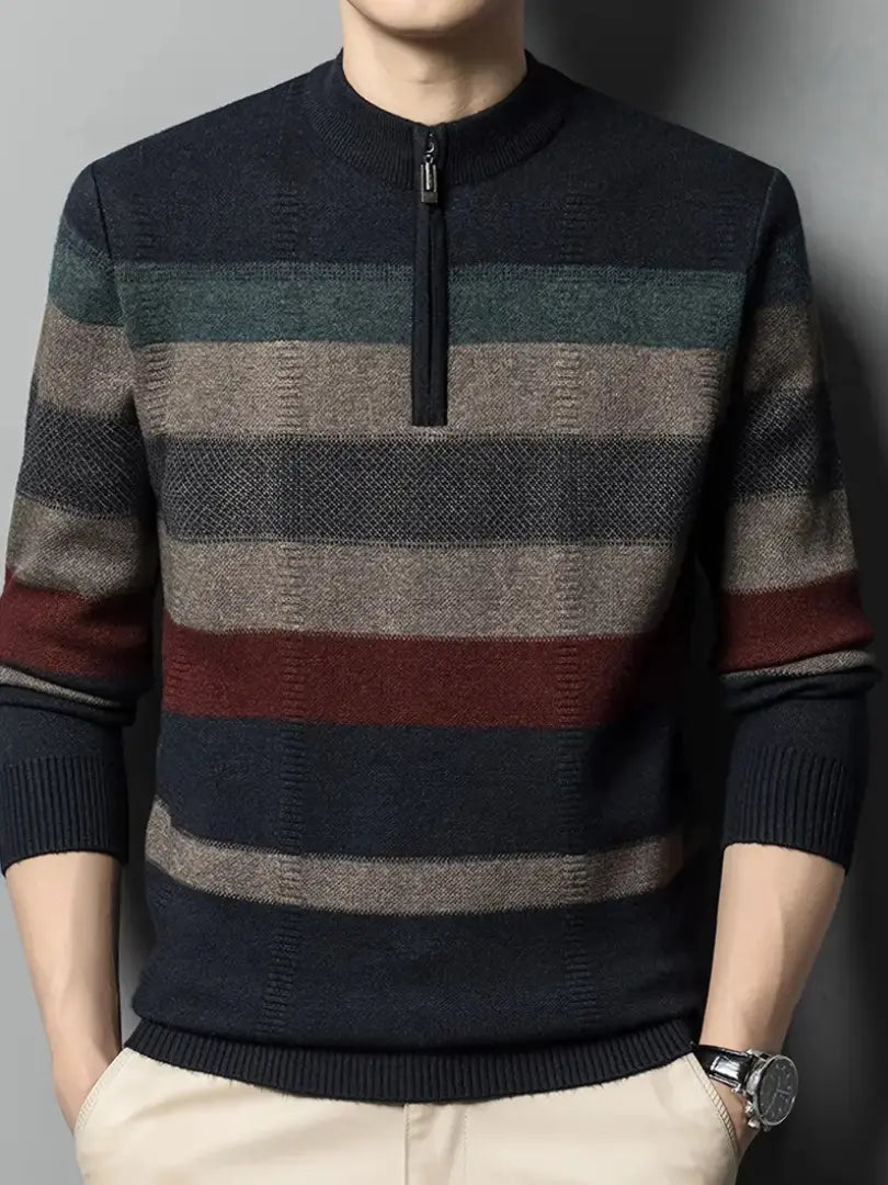 Herre Strikket Stripete Genser - Casual Half-Zip Pullover for Høst og Vinter Motelys