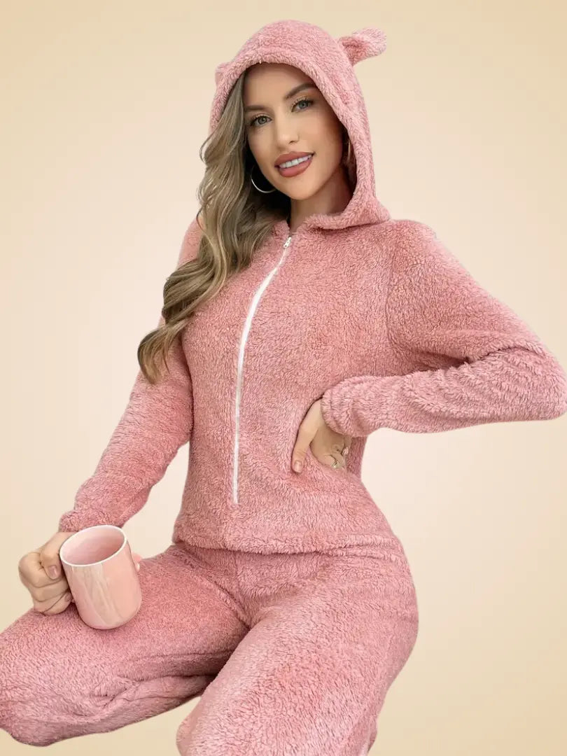 Koselig fleece-onesie for kvinner – langermet, med V-hals-design, perfekt for høst og vinter Motelys