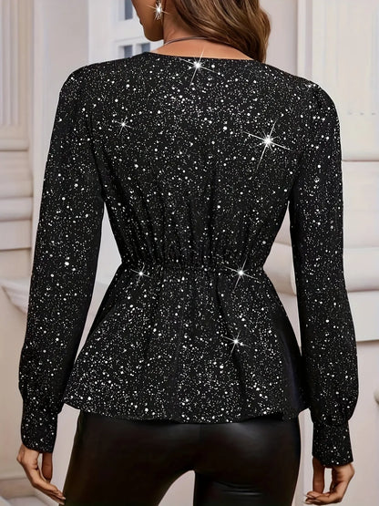 SparkleChic - Glitrende Bluse til Kvinner med Paljetter og V-hals Motelys