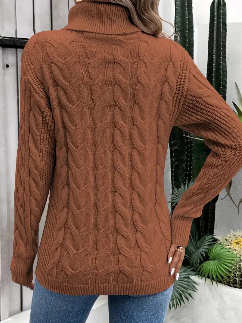 Dame Flettestrikket Høyhalset Genser - Elegant Langermet Pullover Motelys