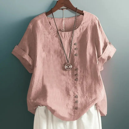 LinenTrend - T-Skjorte i Lin med Elegante Knapperedetaljer for Stiltips Motelys