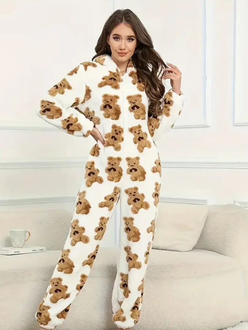 Bamse-print Fuzzy Hette-Jumpsuit – Koselig One-Piece for Høst & Vinter Motelys