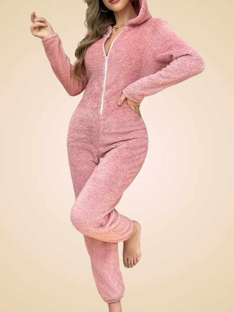 Koselig fleece-onesie for kvinner – langermet, med V-hals-design, perfekt for høst og vinter Motelys