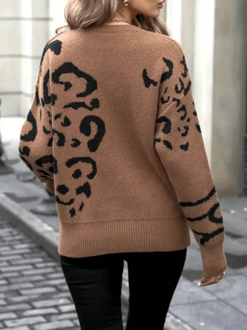 Leopard Mønstret Pullover Genser – Dristig Stil for Høst og Vinter Motelys