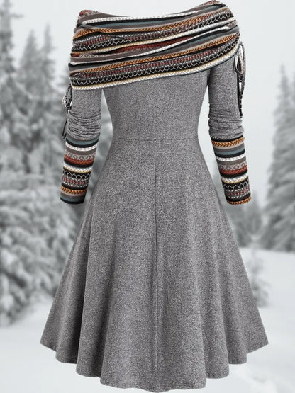 Off-Shoulder Kjole for Kvinner med Etniske Striper - Elegant A-linje Design med Justerbare Snøreermer Motelys