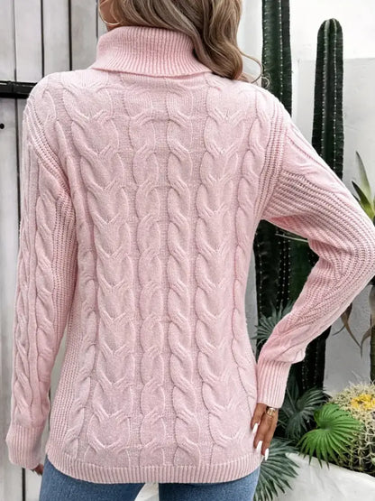 Dame Flettestrikket Høyhalset Genser - Elegant Langermet Pullover Motelys