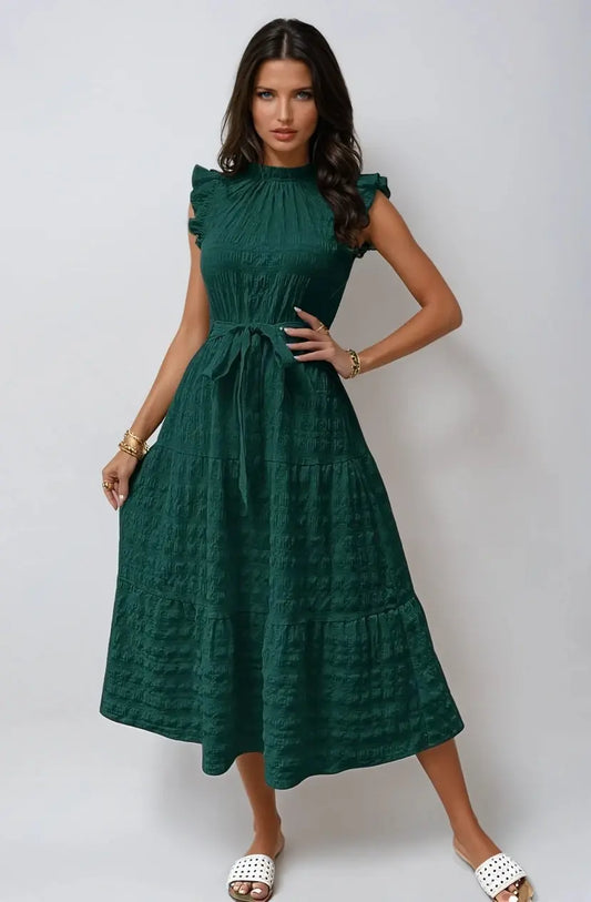 FashionFlow - Elegant Midikjole med Rufsete Ermer og Knytinger Motelys