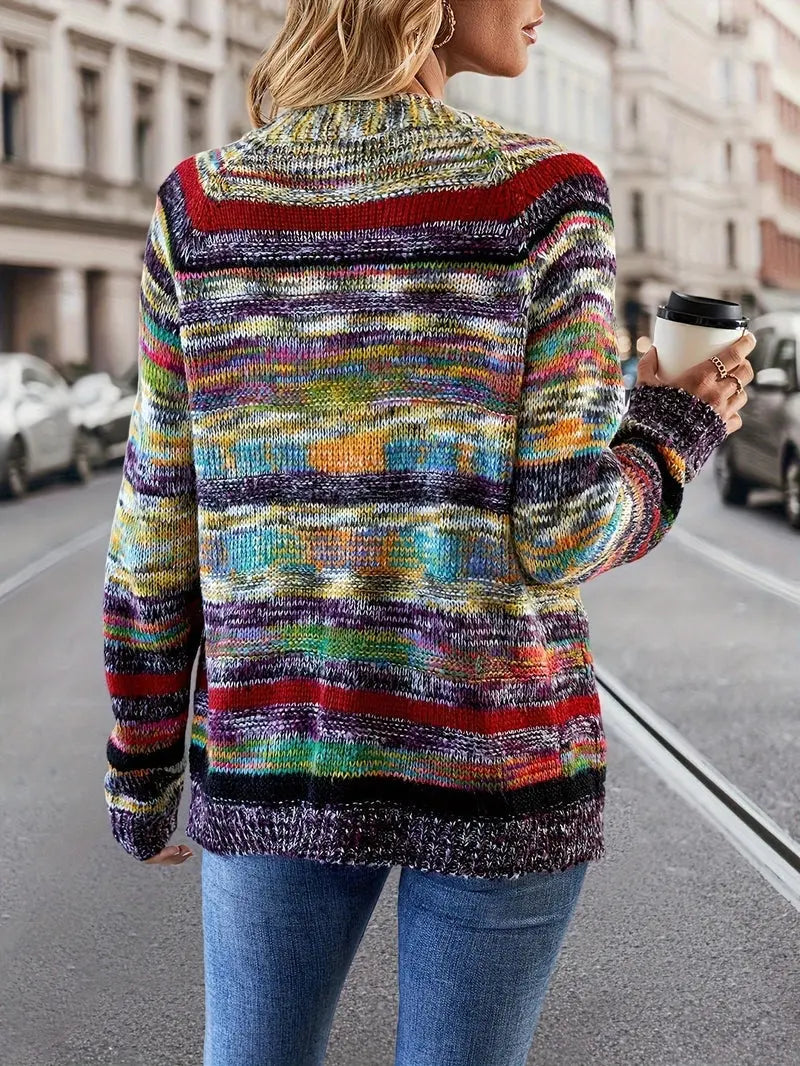 KnitChic - Flerfarget Strikket Cardigan for Trendy Lag-på-Lag Stil Motelys
