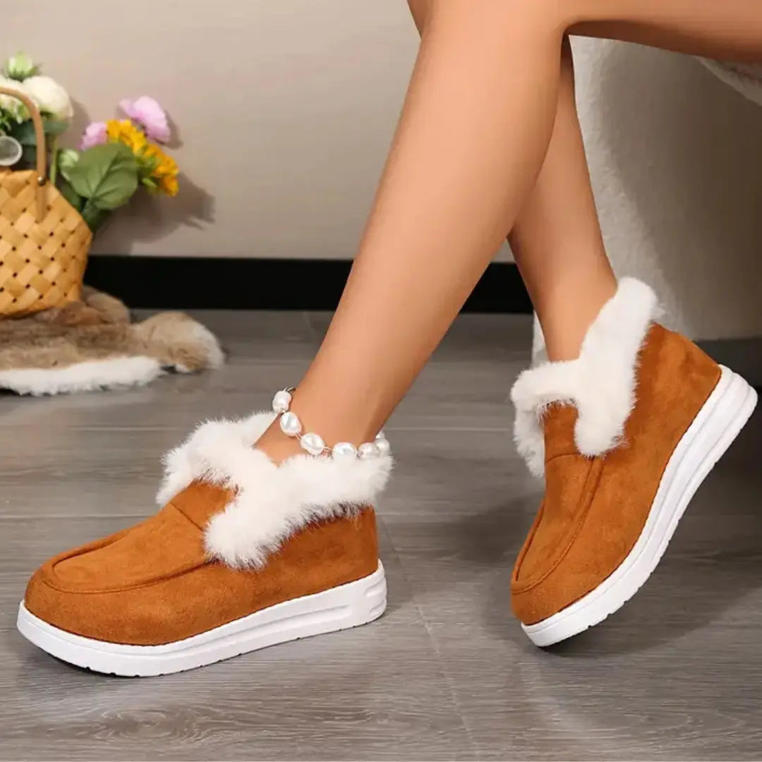 Dame Fluffy Fleecefôrede Snøstøvler - Koselig Slip-On Ankel Design Motelys