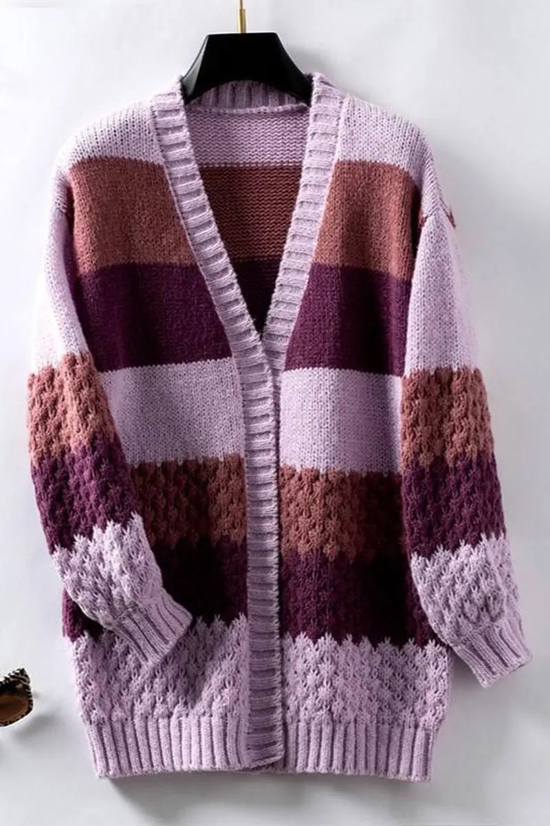 FashionEase - Overdimensjonert Stripete Strikket Cardigan for En Uformell Stil Motelys