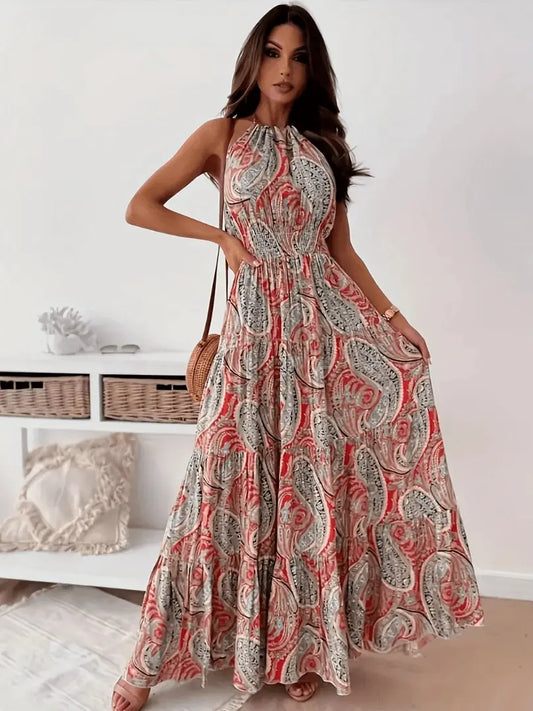 BohoChic - Trendy Halterkjole med Boho-Trykk for Kvinner Motelys