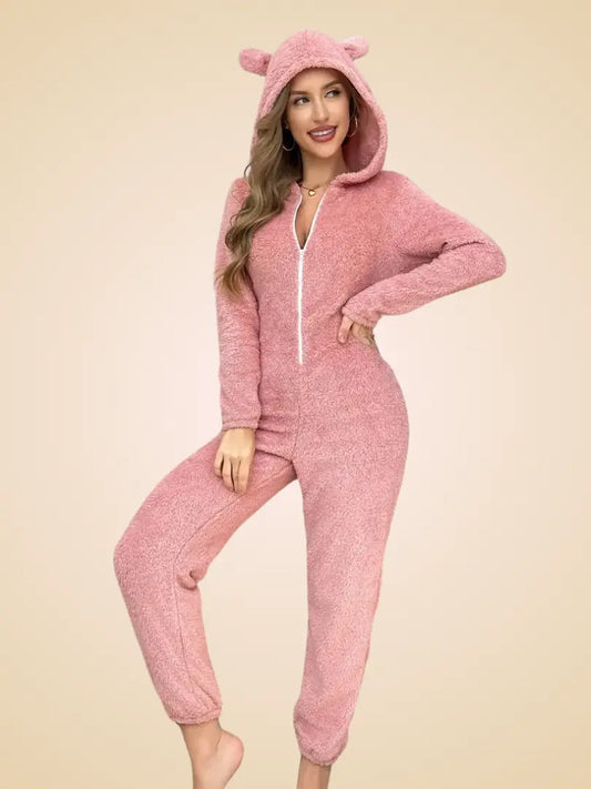 Koselig fleece-onesie for kvinner – langermet, med V-hals-design, perfekt for høst og vinter Motelys