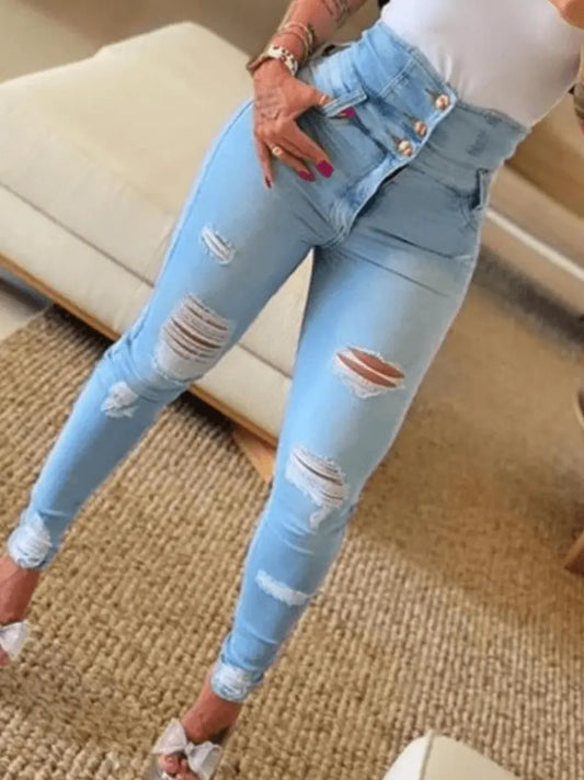 FashionEdge - Rippede Skinny Bukser med Høy Midje for En Trendy Look Motelys